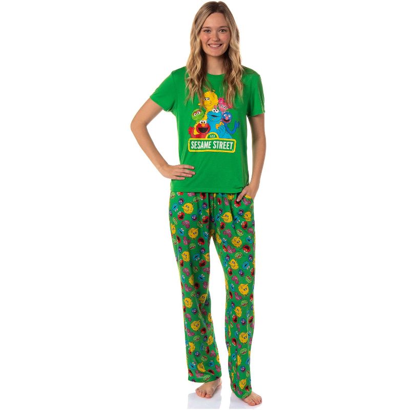 Sesame Street Women's Elmo And Friends Cookie Monster Sleep Pajama Set Green, 1 of 6