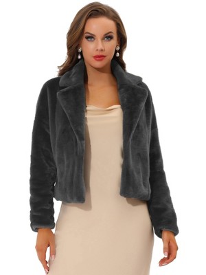 Allegra K Women's Cropped Notch Lapel Open Front Faux Fur Fluffy Coat ...