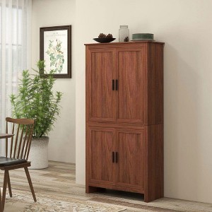 Resenkos 64" 4-Door Kitchen Pantry, Freestanding Storage Cabinet with 3 Adjustable Shelves for Kitchen, Brown - 1 of 4