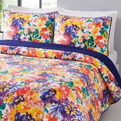 Vibrant Floral Cotton Twin Quilt Set in Purple and Yellow