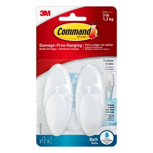 Command 2 Hooks 2 Strips Medium Sized Bath Hooks Frosted: Plastic Adhesive, 3 lb Capacity, Shower Command Hooks - 1 of 4