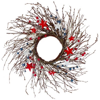 Northlight Berries and Stars Artificial Patriotic Twig Wreath - Red and Blue - 24-Inch