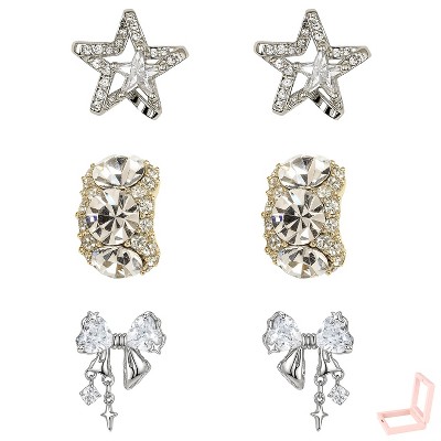 Women's Modern 3-Pair Stud Earrings Set, Silver with Star, Crystal Cluster, Bow & Dangle Designs