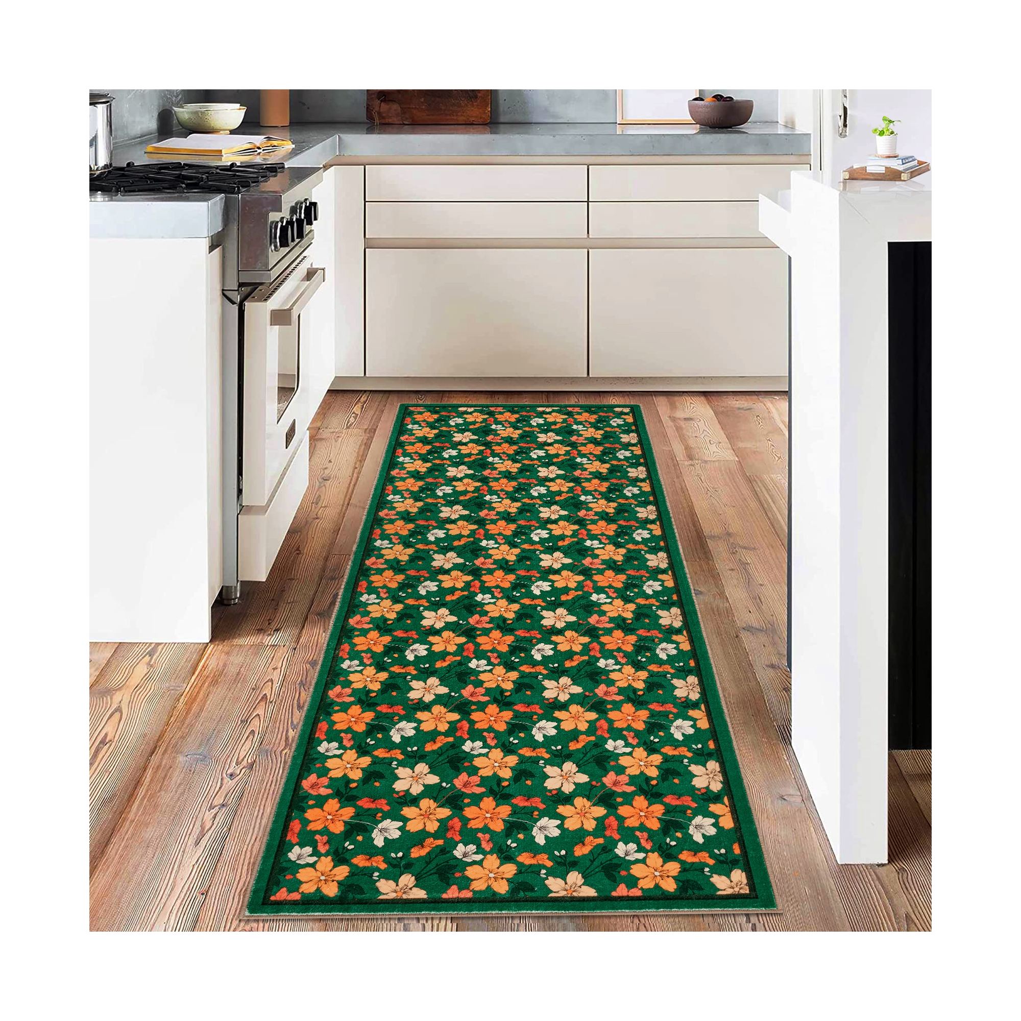 2'x6' Runner Rug Boho Floral Non-Slip Throw Rugs Green
