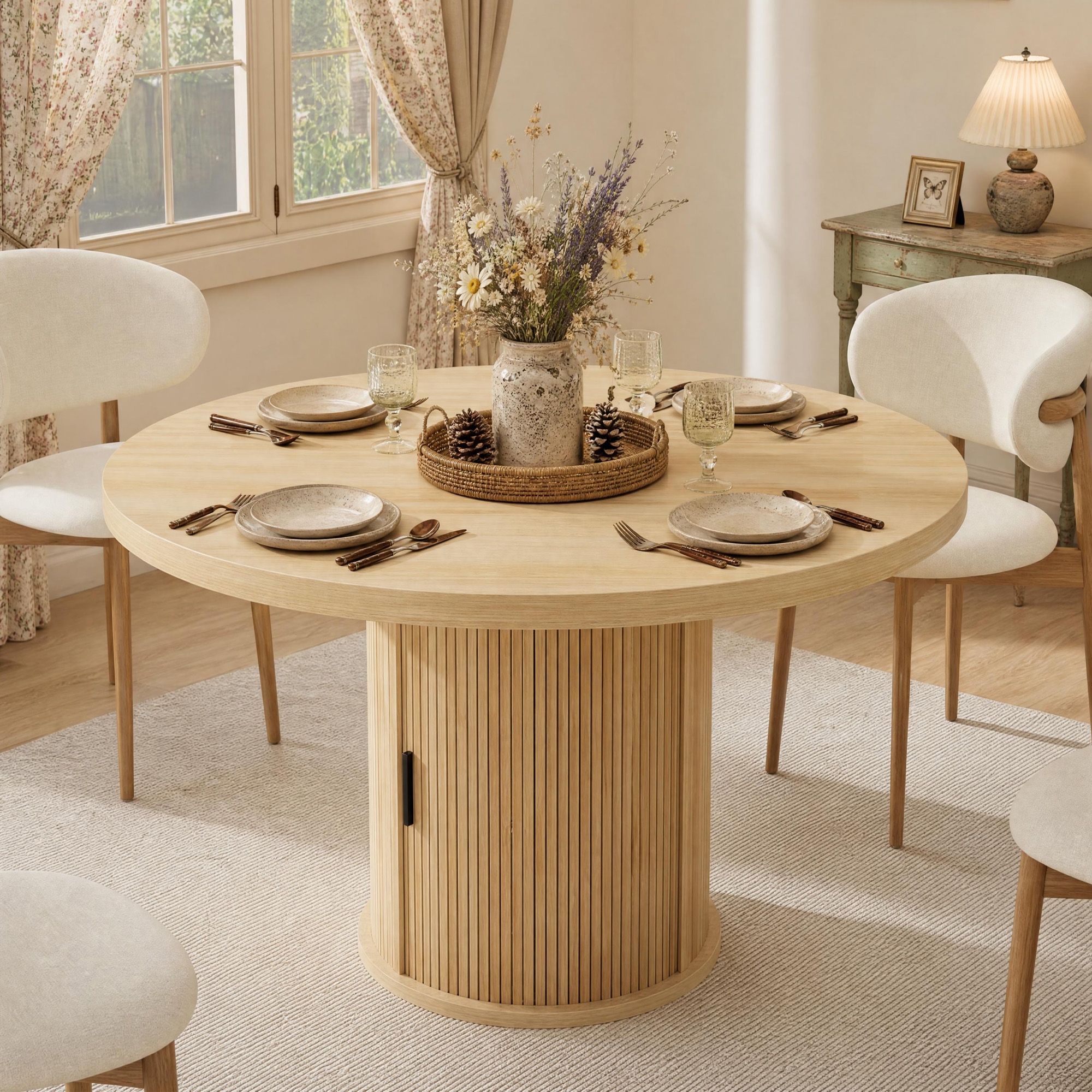 47 Inch Round Dining Table for 4-6, Kitchen Table with 2-Layer Storage Shelf and a Drawer, for Breakfast Nook, Apartment, or Home Office