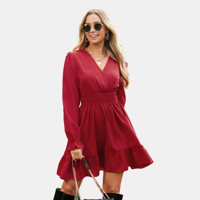 Women's Elegant Red Wrap Dress with V-Neck and Ruffle Hem - Cupshe