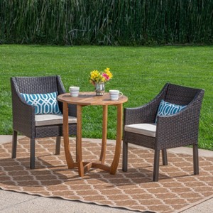 Christopher Knight Home Lorita Outdoor Acacia Wood and Wicker 3 Piece Bistro Set with Cushions - 1 of 4
