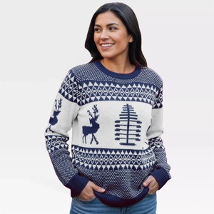 Womens Christmas Sweater 2025 Crew Neck Festive Pattern Sweater Christmas Trees & Reindeers Pullover Sweaters Simple Holiday Sweater - 1 of 4