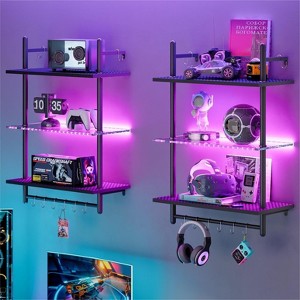 Bestier 24" Floating Shelves with LED Lights, 3-Tier Wall-Mounted Glass Shelves with Hooks for Living Room, Kitchen, Bathroom - 1 of 4