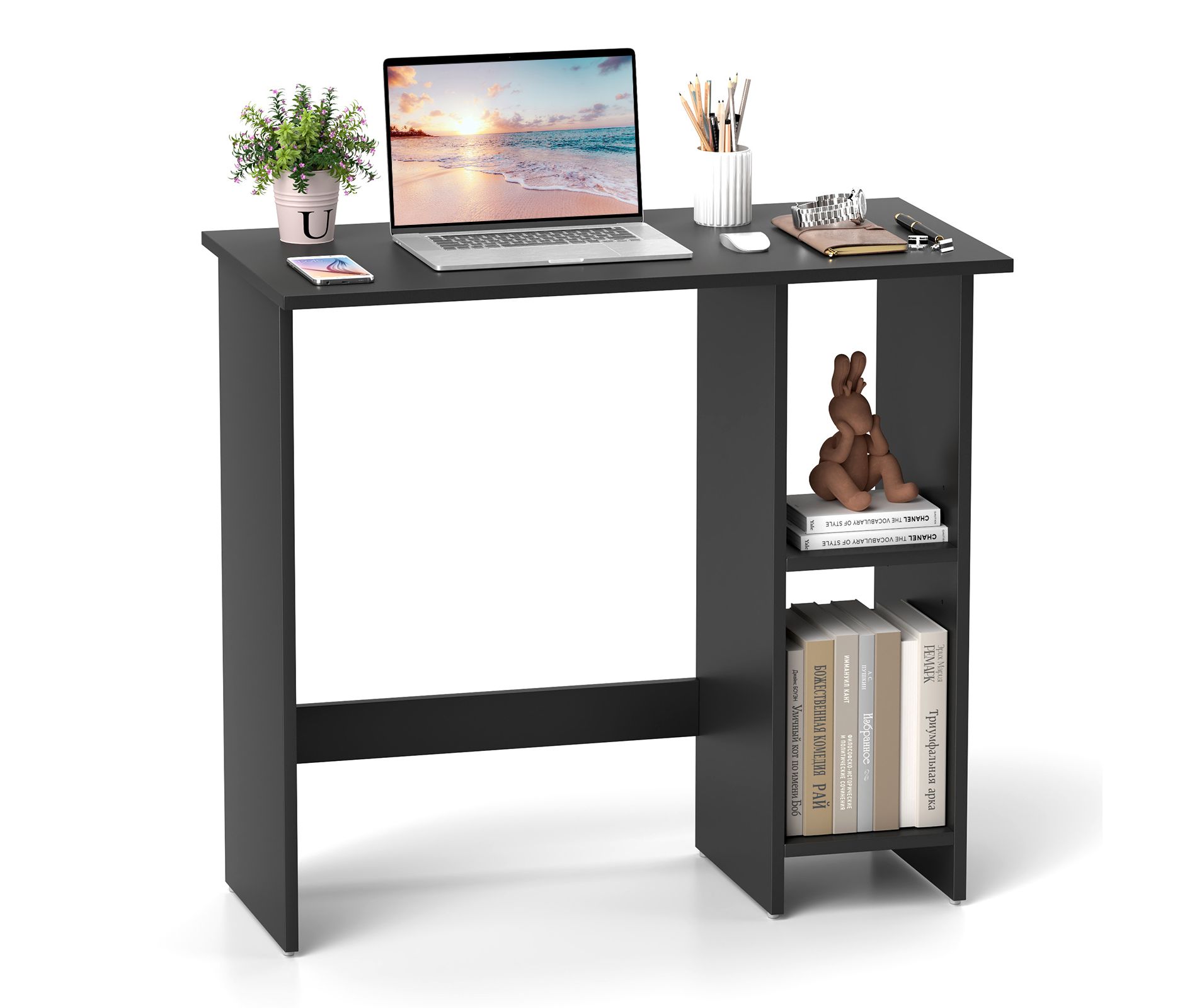 Tangkula Small Computer Desk Home Laptop Table w/ Modern Writing Desk w/ 3-position Adjustable Shelf Compact Writing Desk w/ Anti-Toppling Kit Black