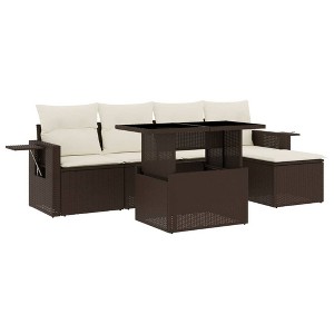 vidaXL 6 Piece Patio Sofa Set with Cushions Brown Poly Rattan - Brown and cream without storage - 1 of 4