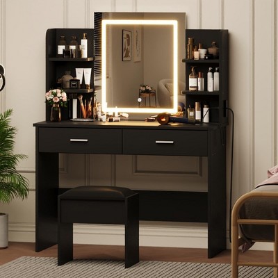 Vanity Desk With Lighted Mirror, Makeup Vanity Set With Power Outlet ...