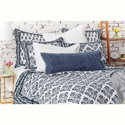 White and Indigo Cotton Reversible King Quilt