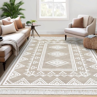 Machine Washable Boho Area Rug - Non Slip Stain Resistant Bohemian Throw Carpet for Bedroom, Living Room & Farmhouse Home Decor
