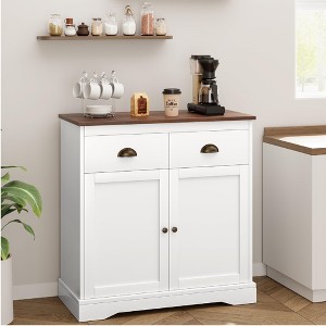 Garvee Coffee Bar Cabinet, Modern Farmhouse Buffet Cabinet with 2 Drawers and Adjustable Shelf, Double Door Kitchen Cabinet, White - 1 of 4