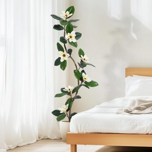 Artificial Rubber Tree with Magnolia Flowers, Faux Trees Indoor with White Pot, Faux Floor Plant for Living Room, Home Office Decor - 1 of 4