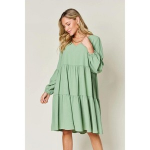 I am a Fashion junky Double Take Full Size V-Neck Balloon Sleeve Tiered Dress with Pockets - 1 of 4