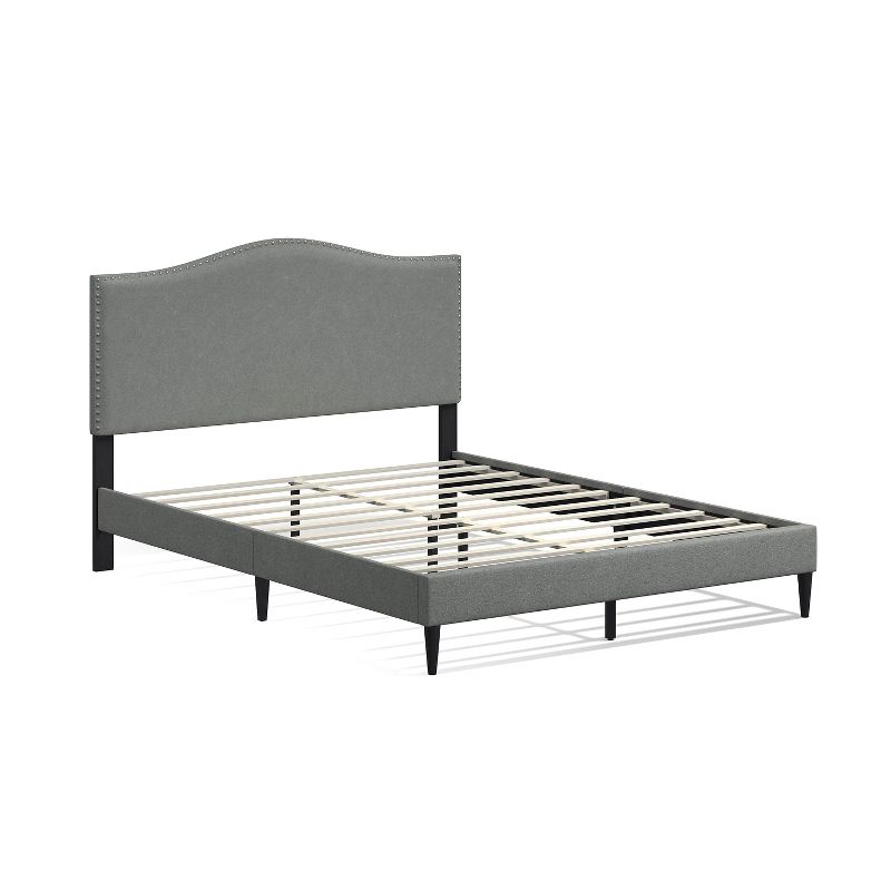Glenwillow Home Kameli Upholstered Platform Bed Frame, Nailhead Trim Camelback, Mattress Foundation, No Box Spring Needed, Easy Assembly, Stone, Queen, 2 of 8