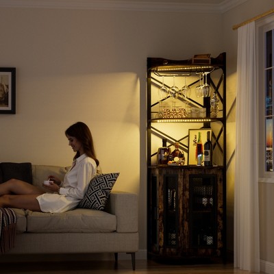Aheaplus 5-Layer Corner Wine Cabinet with LED Light Strip and Glass Rack, Corner Display Shelf with Power Socket