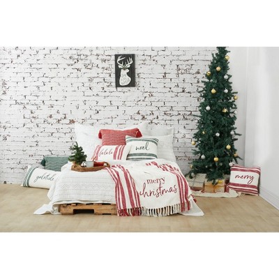 White and Green Yuletide Woven Rectangular Throw Pillow