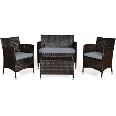 Tangkula 4-Piece Patio Rattan Wicker Conversation Furniture Set Sofa Chair Table Set