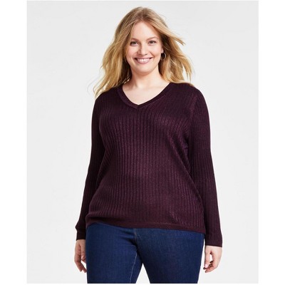 Tommy Hilfiger Womens Ribbed Metallic Threaded Pullover Sweater