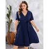 Plus Size Women's Pleated Midi Dress with Belt Flowy Casual Elegant Knee Length Dress for Work Summer - 3 of 4