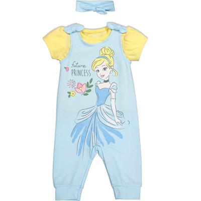 Image of Disney Princess Cinderella Newborn Baby Girls French Terry Sleeveless Romper & Headband Light Blue 0-3 Months