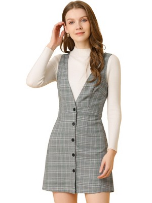 Allegra K Women's V Neck Gingham Check Pinafore Overalls Suspenders Plaid Print Dress