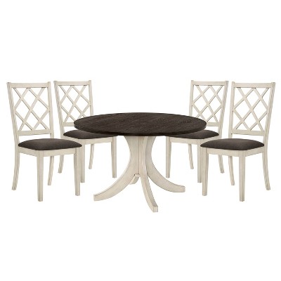 HOMES: Inside + Out 5pc Moonglint Farmhouse Round Dining Table Set: Upholstered Chairs, Wood Finish
