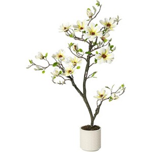 Faux Southern Magnolia Plant Yellow Flowered Magnolia, Artificial Magnolia Tree Inc. Realist Touch Flowers Vivid Leaves White Pot Dry Moss - 1 of 4
