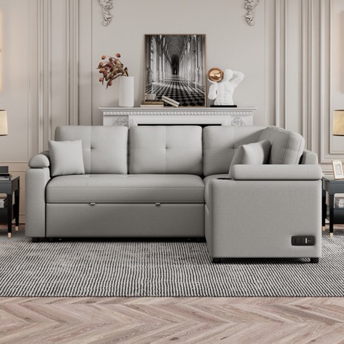 104 Pull Out Sleeper Sofa, Reversible L-Shape Sectional Couch with Storage  Chaise and 2 Stools, Gray-ModernLuxe