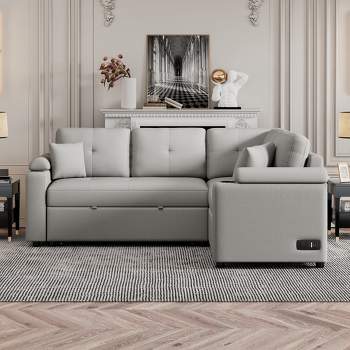 87.4" Pull-out Sleeper Sofa Bed, L-shape Sectional Sofa Couch Set with Wheels, USB Ports and Power Sockets-ModernLuxe