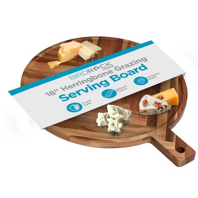 BIRDROCK HOME 18" Herringbone Grazing Serving Board | Wooden Cheese Board w/Handle - Two-Sided Wood Kitchen Counter Platter | Round
