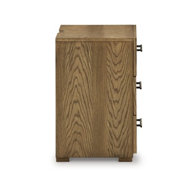 Brown Oak Veneer 3-Drawer Nightstand with Black Iron Pulls