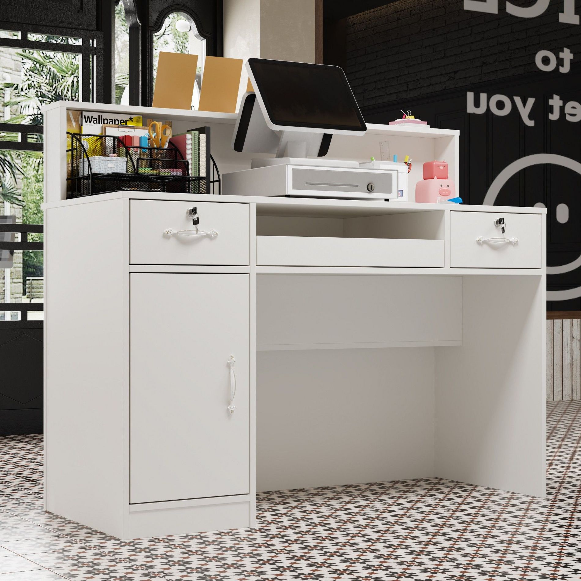 Famapy Reception Desk Lockable Drawer Computer Desk Workstation with USB Port White