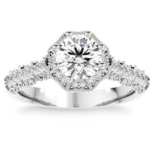 Pompeii3 1 1/10Ct Vintage Diamond Moissanite Halo Engagement Ring White Yellow Rose Gold - 1 of 4