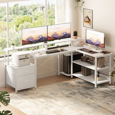 Aheaplus Reversible L-shaped Computer Desk with Drawers, Home Office Desk with Charging Station, LED Lights