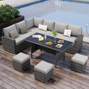 7-Piece Outdoor Patio Furniture Set, 9 Seat PE Rattan Patio Furniture Set with Dining Table & Ottomans, Waterproof & Splash-Proof Seat Cushions - 1 of 4