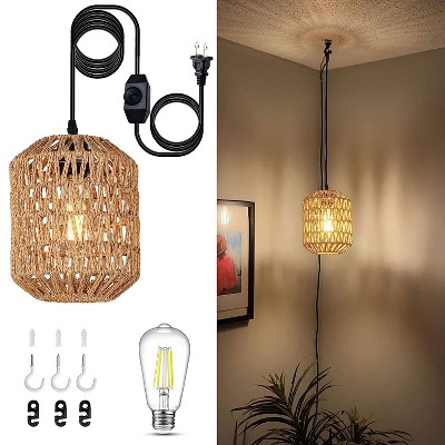 KTMBDW Plug in Pendant Light with LED Bulb,Boho Hanging Light Fixture with Rattan-Style Shade,16FT Adjustable Cord for Bedroom, Living Room,Natural