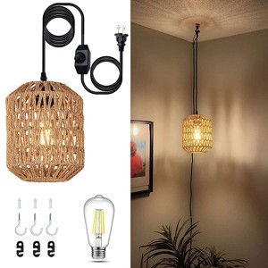 KTMBDW Plug in Pendant Light with LED Bulb,Boho Hanging Light Fixture with Rattan-Style Shade,16FT Adjustable Cord for Bedroom, Living Room,Natural - 1 of 4