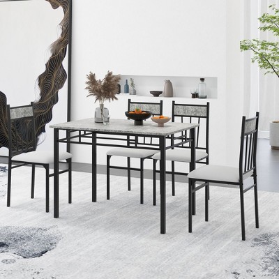 Modern 5-Piece Dining Set with Faux Marble Top and Gray Upholstered Chairs