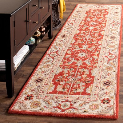Handmade Red and Ivory Wool Floral Runner Rug