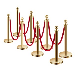 VEVOR Stanchions and Velvet Ropes 8Pcs,Hollow Base with Stainless Steel Post,6Red Velvet Ropes and Posts,Crowd Control Barriers Gold Stanchions,Gold - 1 of 4