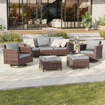 Sonkuki Outdoor 6-Piece Wicker Patio Conversation Set with 2 Rattan Swivel Rocking Chairs, Side Table, Ottoman and Navy Blue Cushion