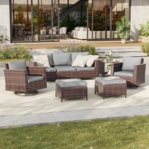 Sonkuki 6-Piece Patio Conversation Set with Swivel Rocking Chair and Side Table, Navy Blue Cushion - 1 of 4