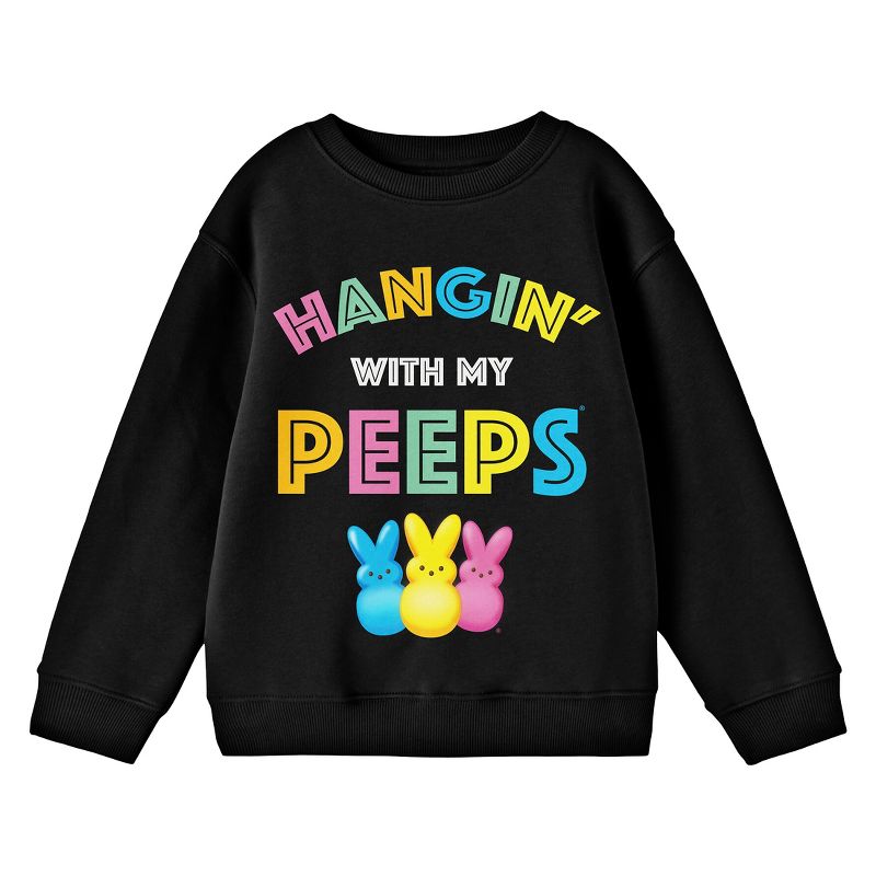 Peeps Multi-color Hangin' With My Peeps Striped Text Crew Neck Long Sleeve Black Fleece Youth Sweatshirt, 1 of 3
