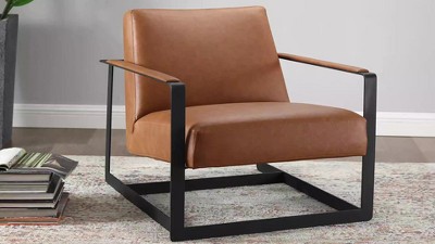 Tan Faux Leather Barrel Accent Chair with Metal Frame