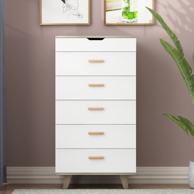 Modern 6 Drawer Dresser with Wooden Leg and Handle, Brown+White - ModernLuxe