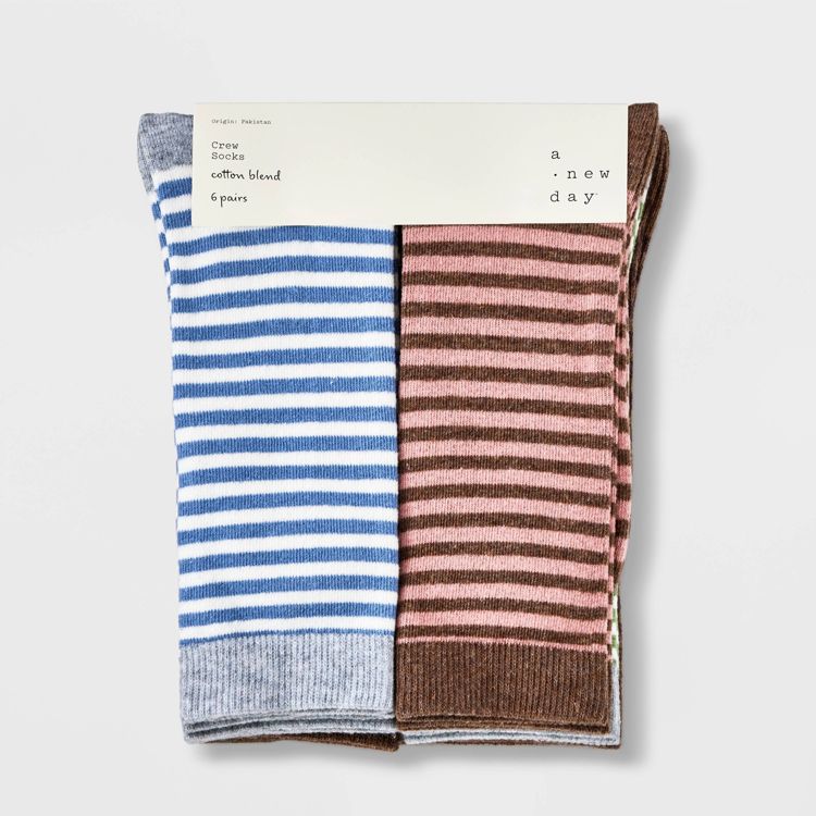 Women's Striped 6pk Crew Socks - A New Day™ Assorted Colors 4-10: Lightweight Knit Flat Seams, 2 of 3